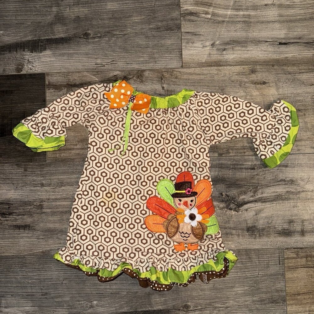 Thanksgiving Dress Girls Size 24M Turkey Appliqué‎ Ruffles Bow Rare Editions